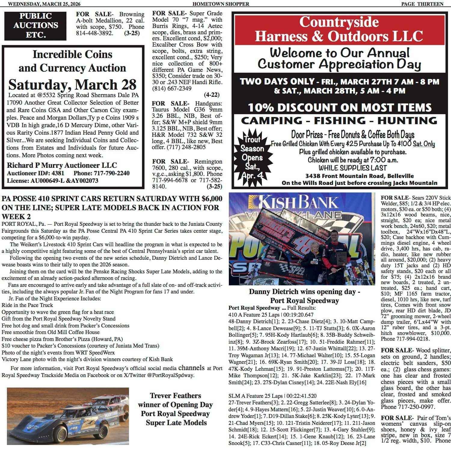 A newspaper page featuring community event notices, an auction advertisement, a store sale, and Port Royal Speedway news.