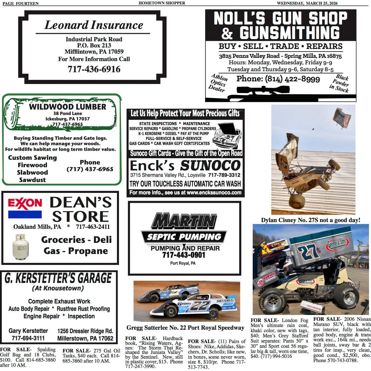 A collection of local business advertisements and racing photos, including text listings, contact info, and race cars.