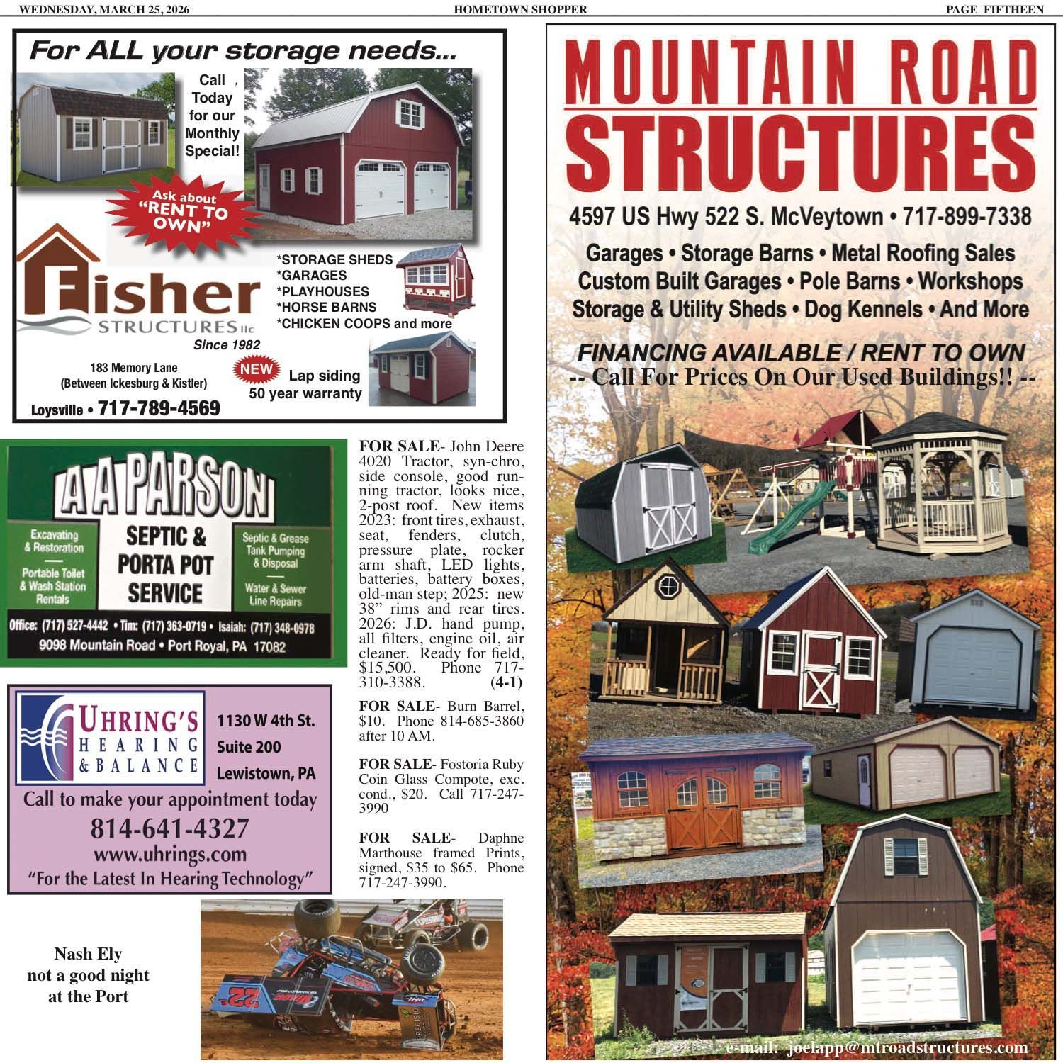 Classified advertisements for local businesses including shed builders, septic services, and a racing team.