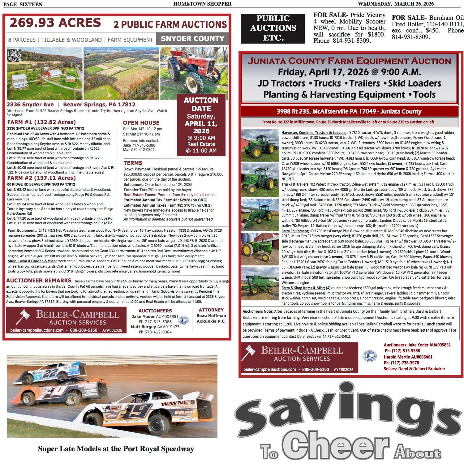 An advertisement for two farm auctions in Juniata County, featuring tractor photos, sale details, and racing cars.