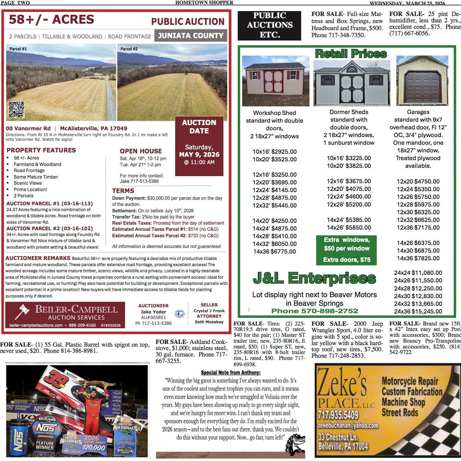 A newspaper page featuring a real estate auction ad, a shed retail price list from J&L Enterprises, and a racing photo.