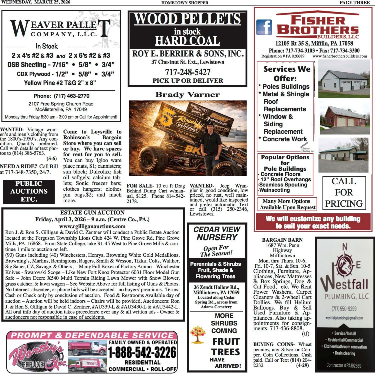 A grid of classified advertisements for local businesses and services, including construction, nurseries, and auctions.