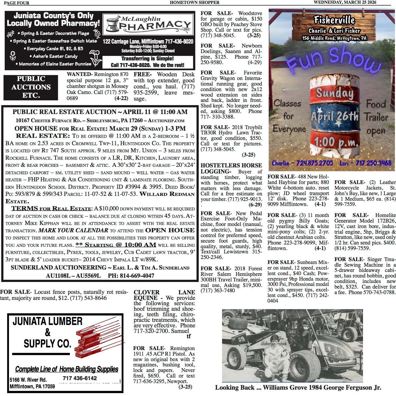 A newspaper classifieds page featuring a pharmacy ad, an auction notice, a horse show flyer, and a race car photo.