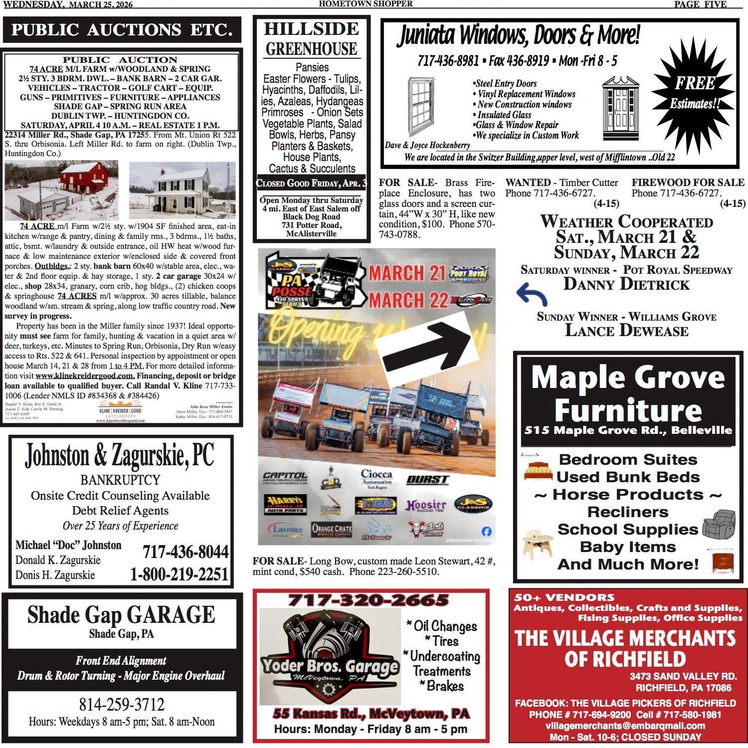 A collage of various local business advertisements and public auction notices in a newspaper-style layout.