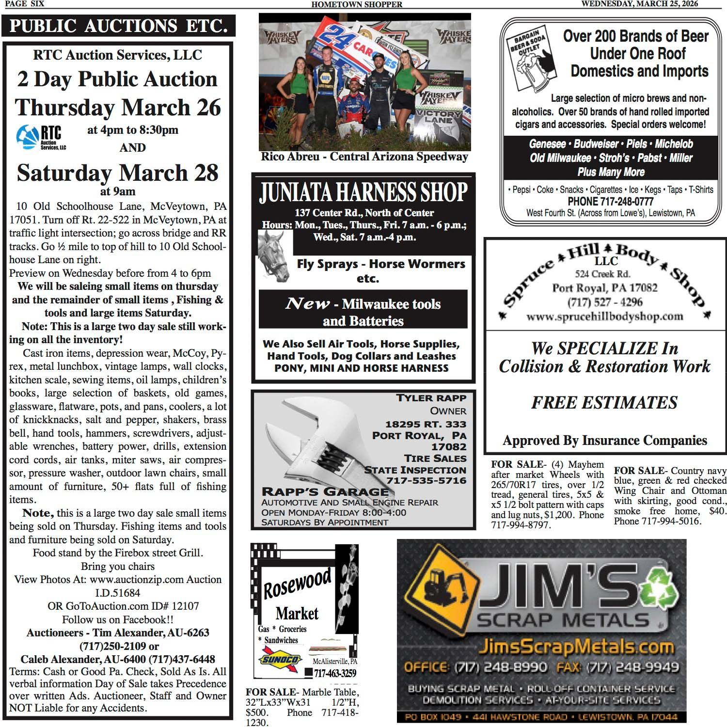 A collection of classified newspaper advertisements for various local businesses, auctions, and services.