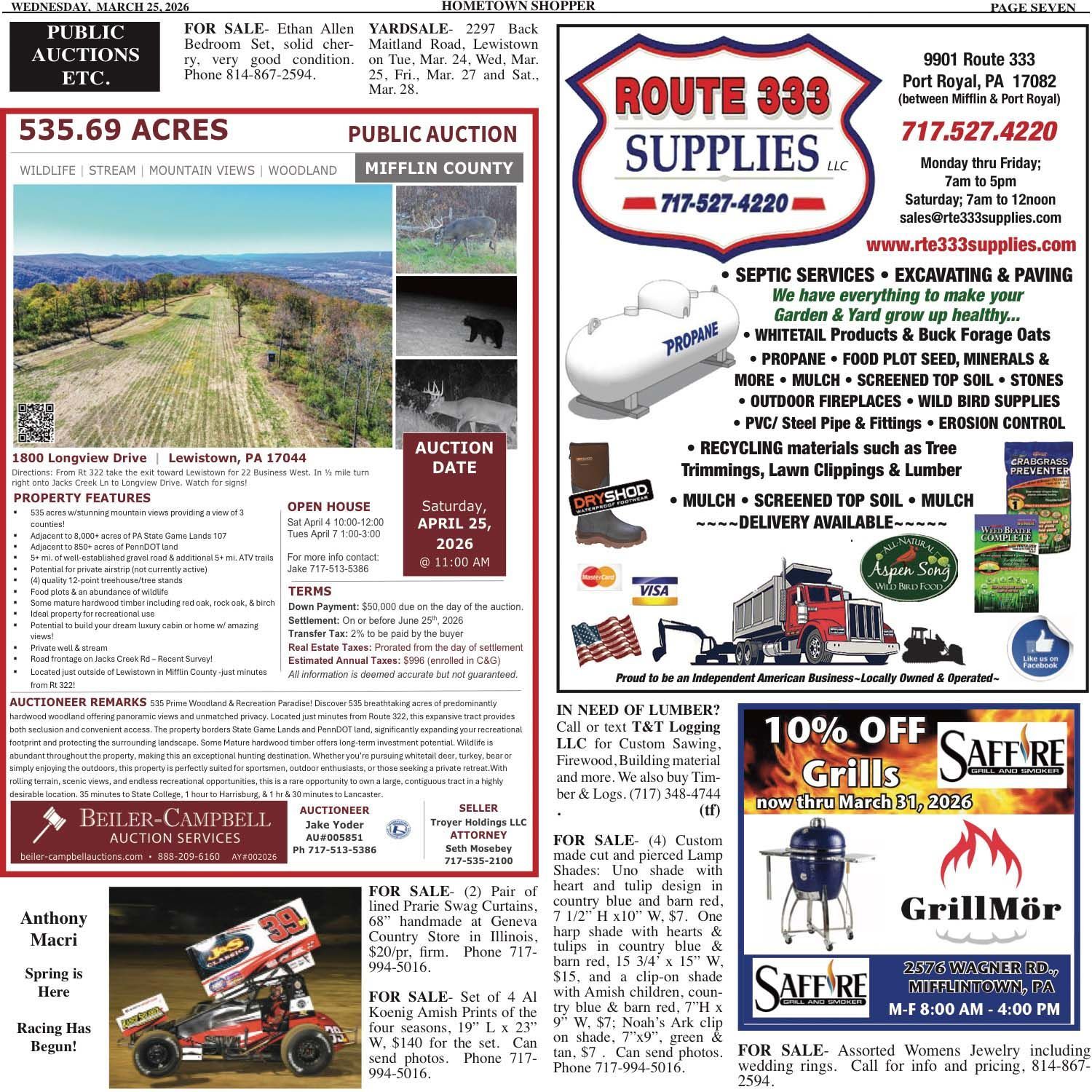 A newspaper page featuring a real estate auction advertisement, a supply store ad, and a grill promotion.