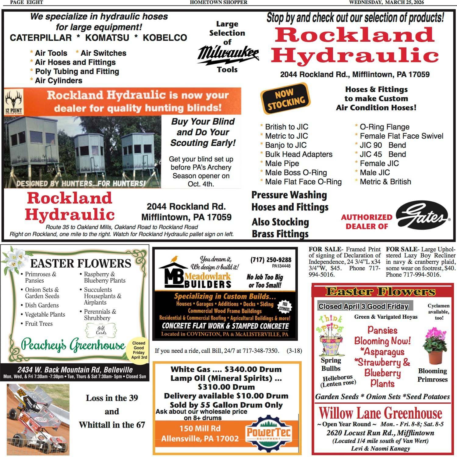 A collage of various local business advertisements for hydraulics, hunting blinds, greenhouses, and building services.