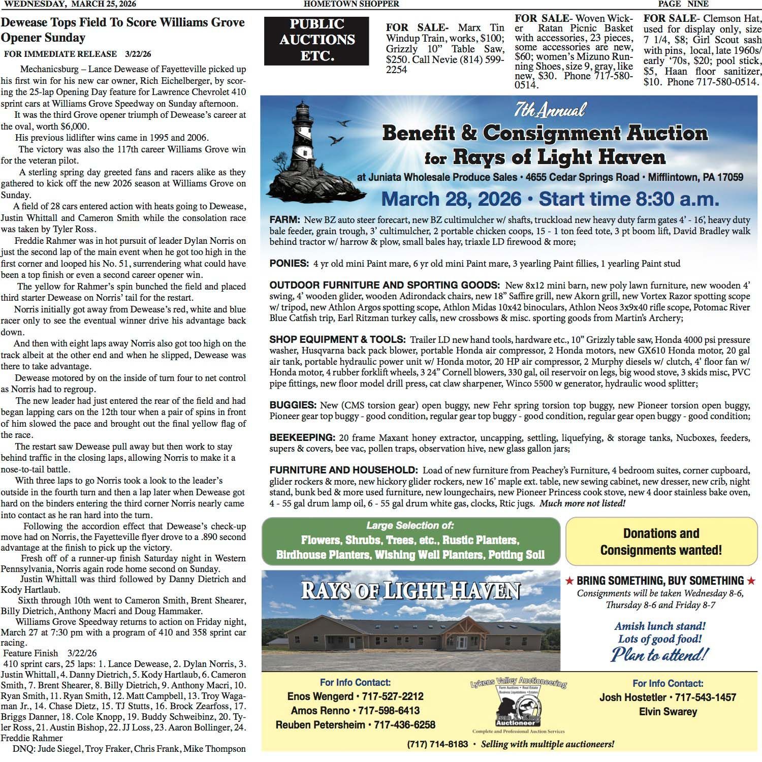 A flyer for the 7th Annual Benefit & Consignment Auction for Rays of Light Haven, held on March 28, 2026, at 8:30 a.m.