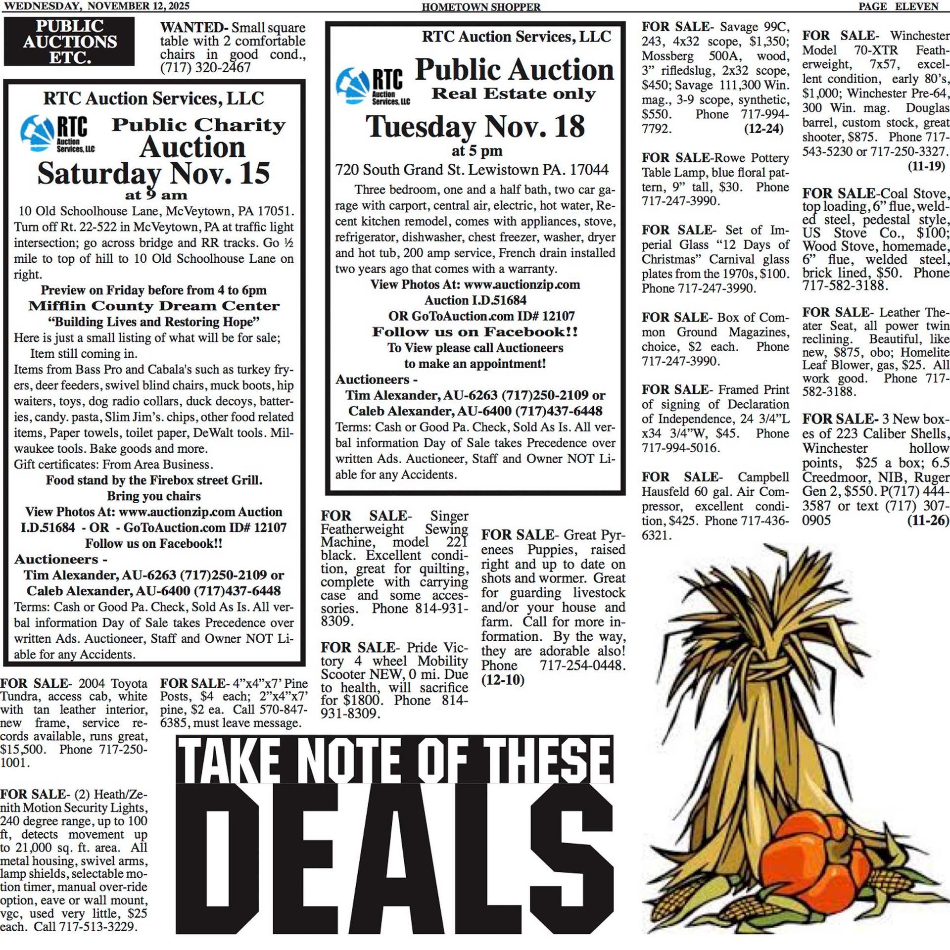 Advertisements for public auctions, with a pumpkin and corn stalks at the bottom.