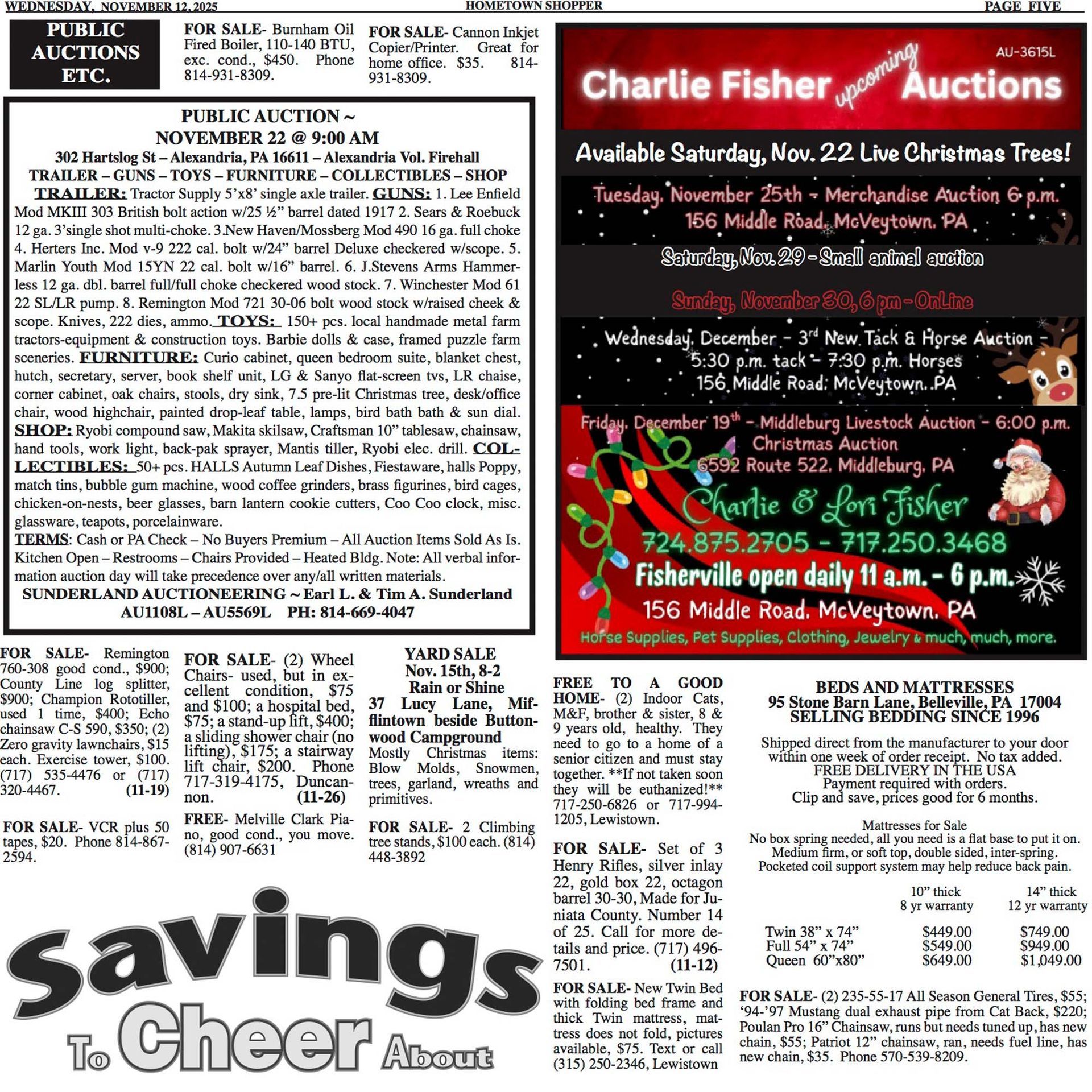 Advertisements for auctions, including Charlie Fisher Auctions, with dates, times, and contact information.