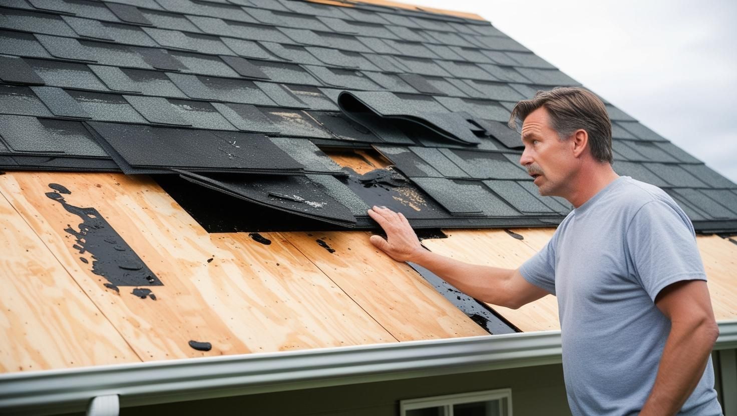 close-up of a damaged residential roof in Eugene