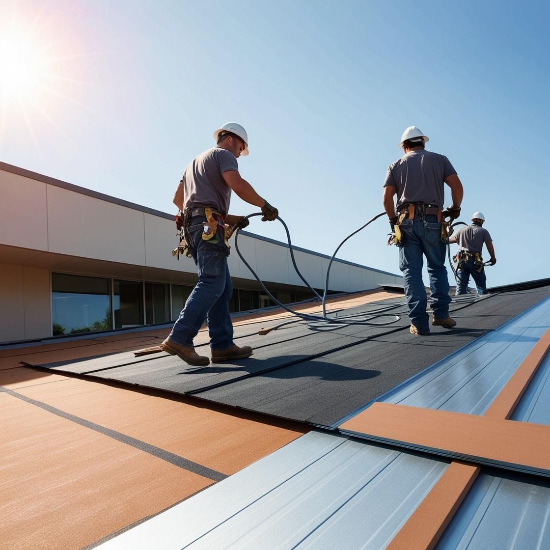 Three men are working on the roof of a building