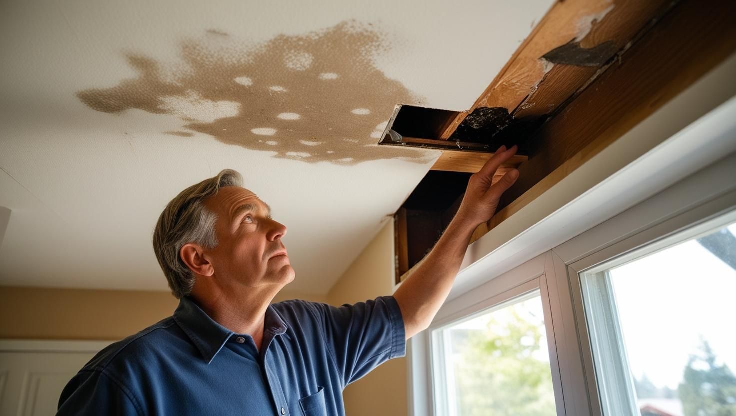 homeowner inspecting a ceiling stain