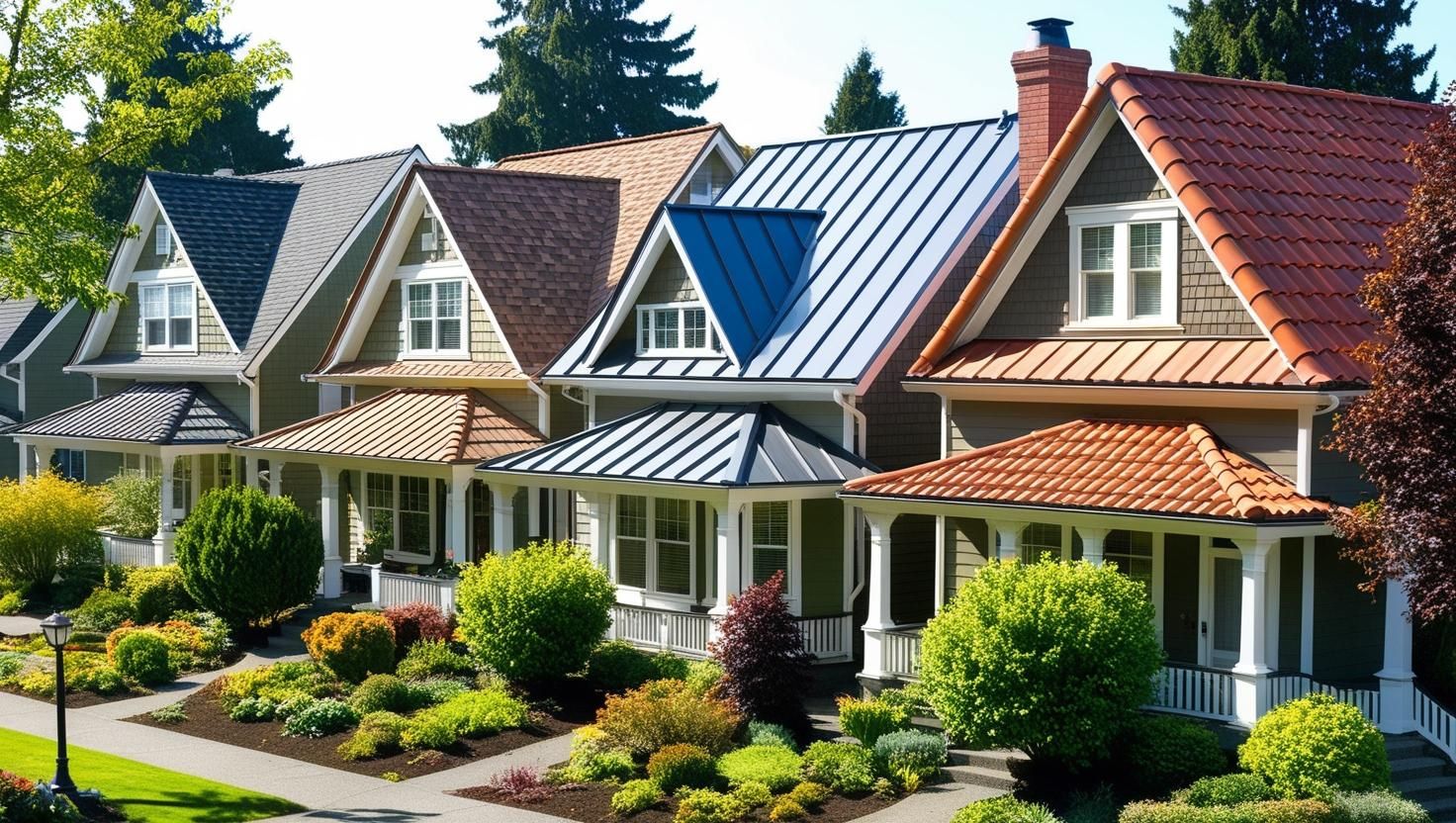 row houses featuring different roofing materials