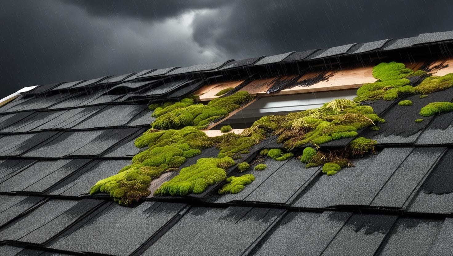 showing common roofing issues like moss growth