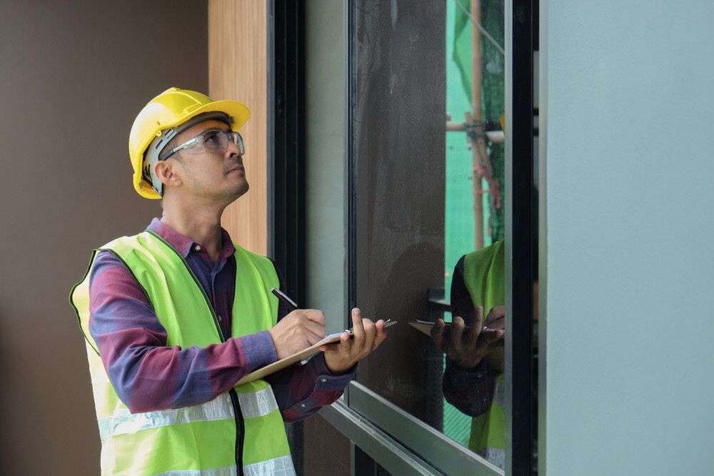 A Construction Worker Is Writing On A Clipboard While Looking At A Window — Datco Aluminium Pty Ltd In Murwillumbah, NSW