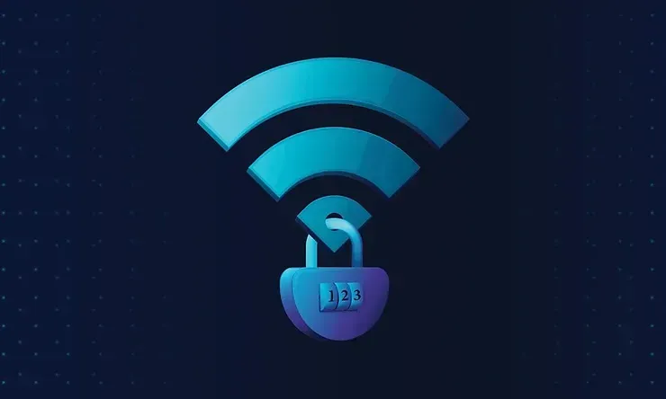 A blue wifi icon with a padlock attached to it.