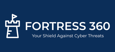 The fortress 360 logo is blue and white and says `` your shield against cyber threats ''.