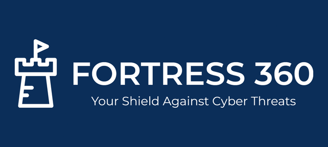 The fortress 360 logo is blue and white and says `` your shield against cyber threats ''.