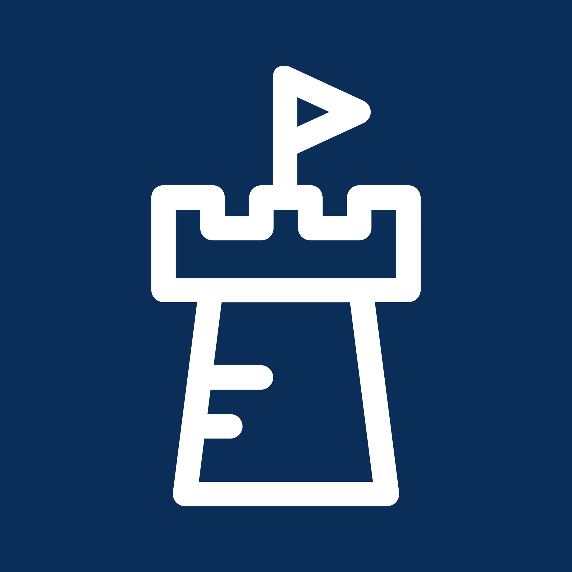 A white castle icon with a flag on top of it on a blue background.