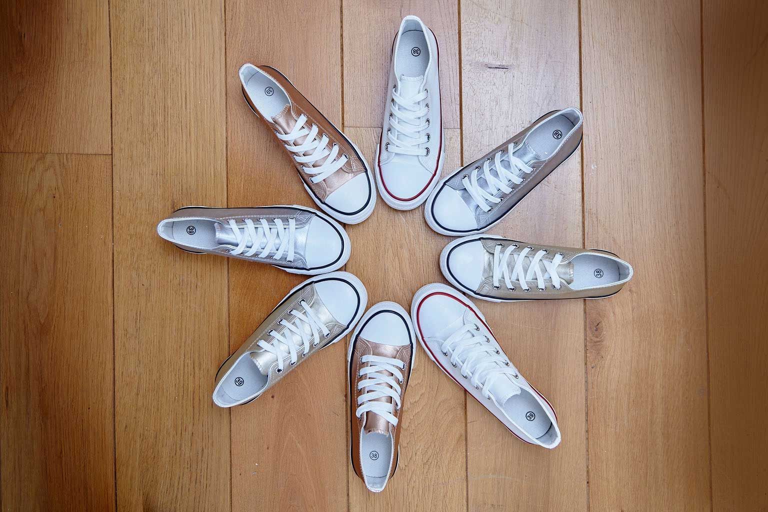 En-tête/pied de page, Baskets femme à lacet, style converse blanche, gold, doré, champagne.