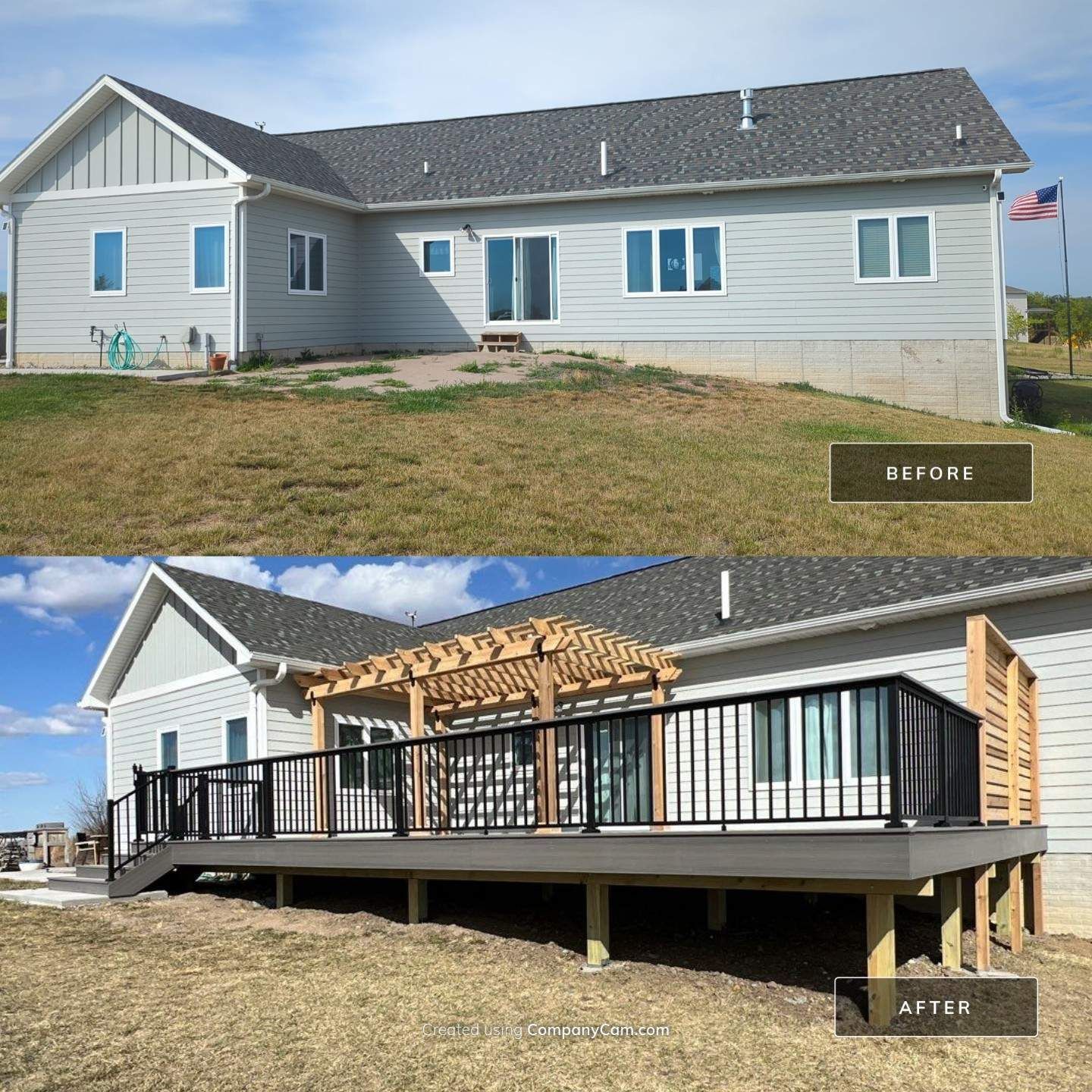 A before and after picture of a house with a deck