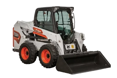 A bobcat skid steer loader with a large bucket on a white background.