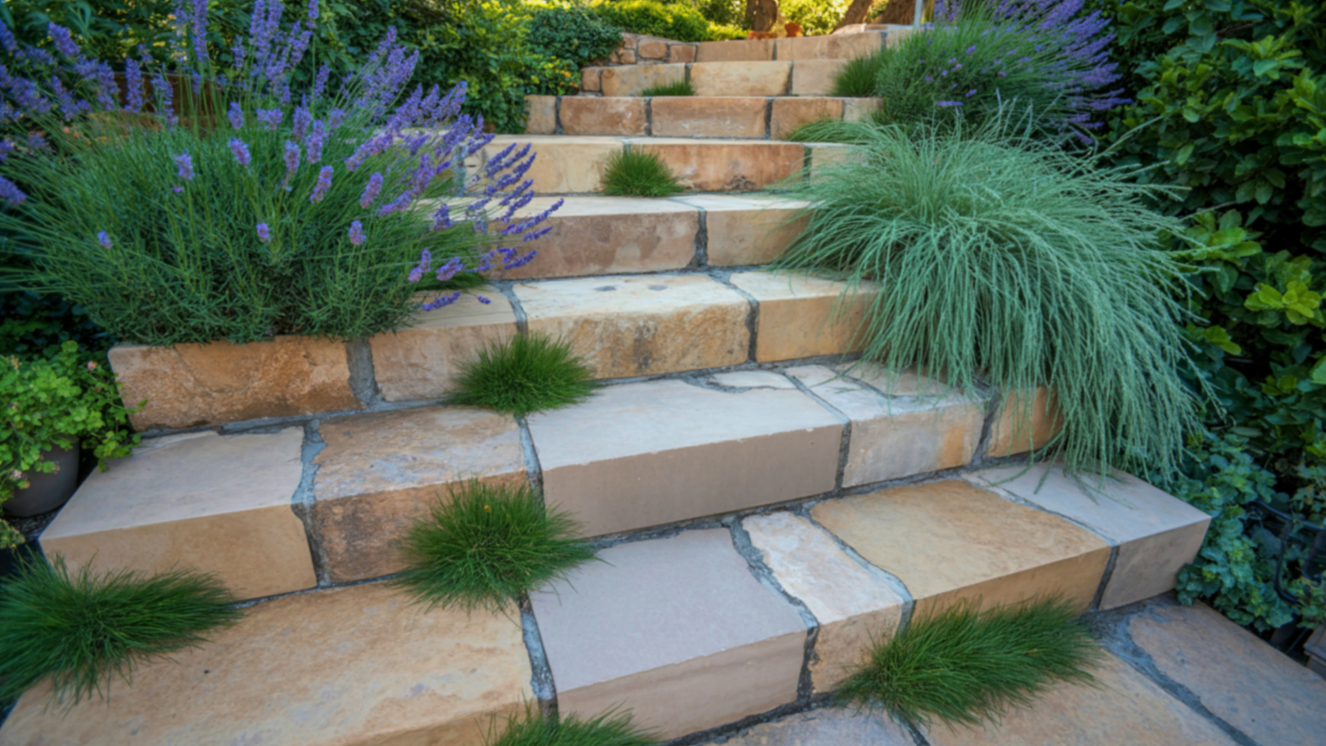 Stone steps with lavender and green plants growing along the sides.
