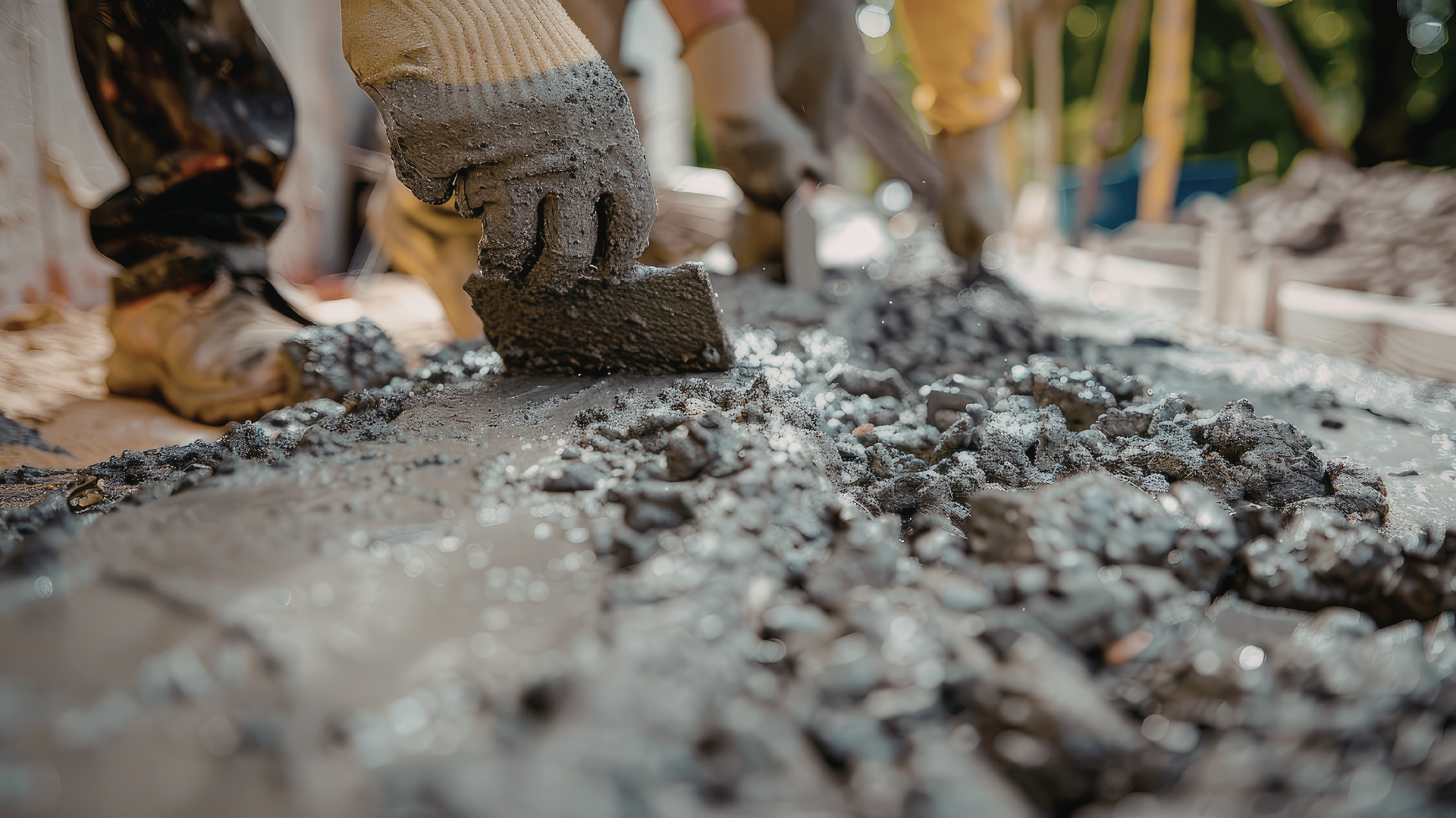 Hands wearing work gloves smoothing wet cement with a trowel at a construction site.