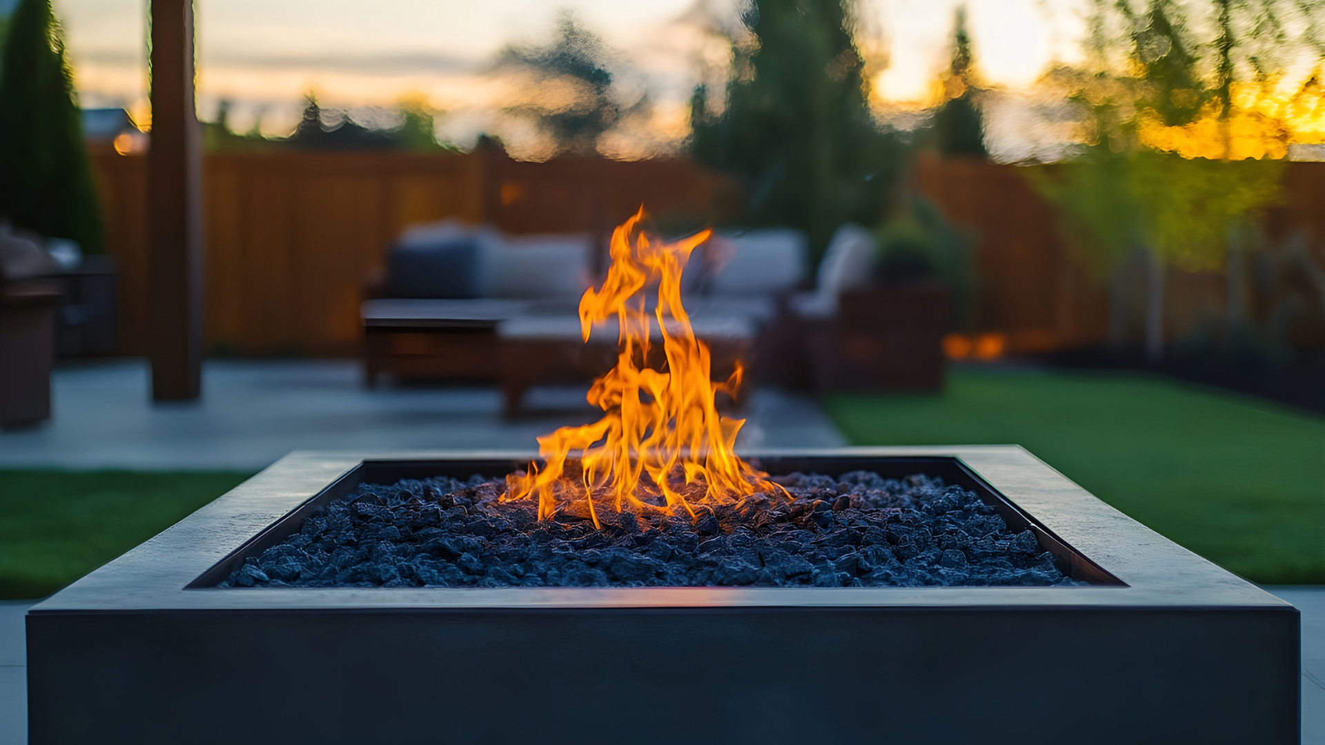 Fire pit with orange flames, dark rocks, on a patio, blurred background of yard and furniture.