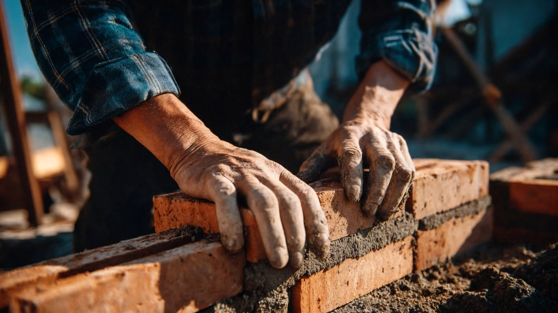 A person's hands covered in mortar setting red clay bricks on a construction site.