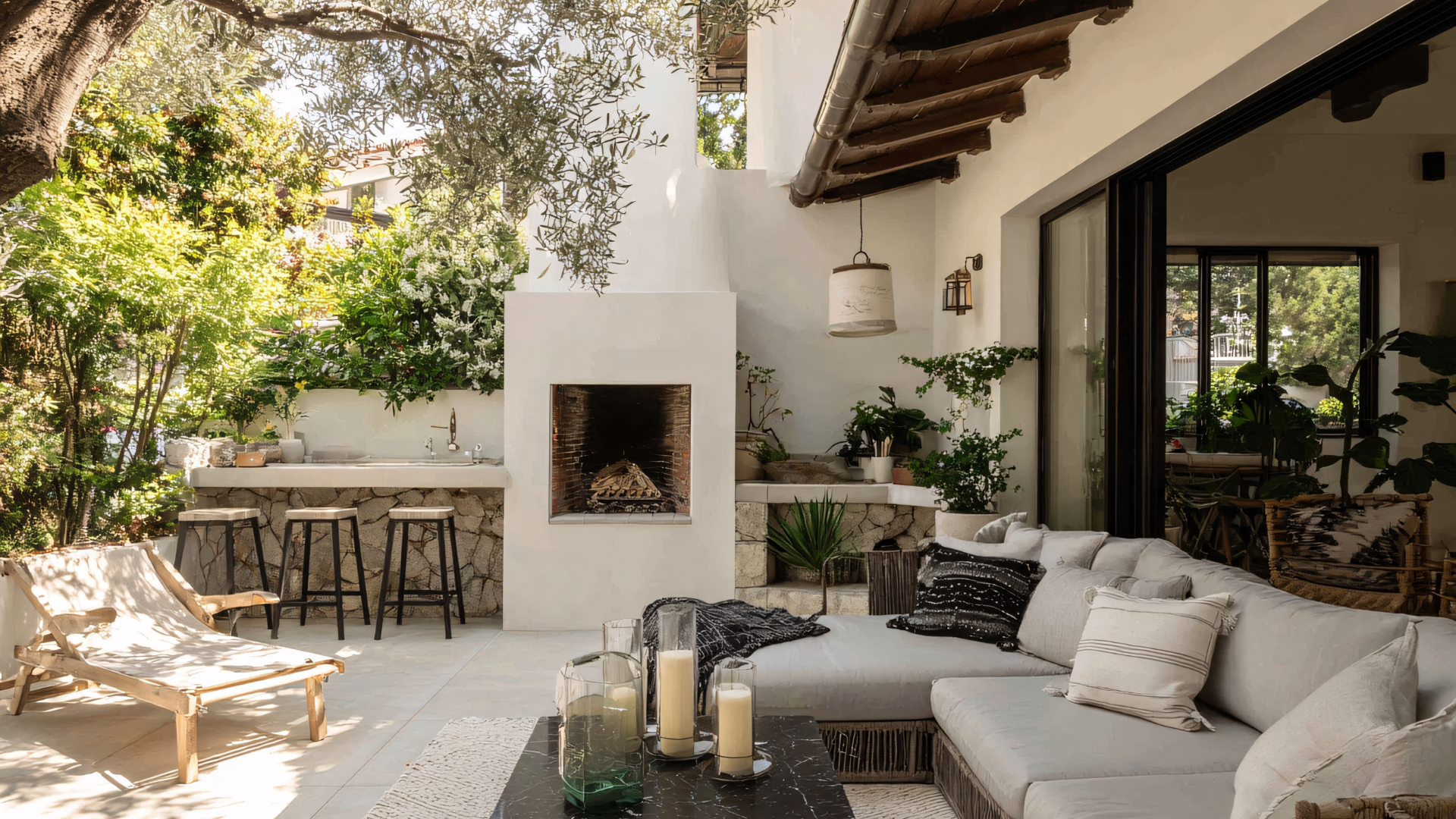 Outdoor patio with fireplace, seating, bar, and lush greenery. White walls, gray furniture, and a stone bar.