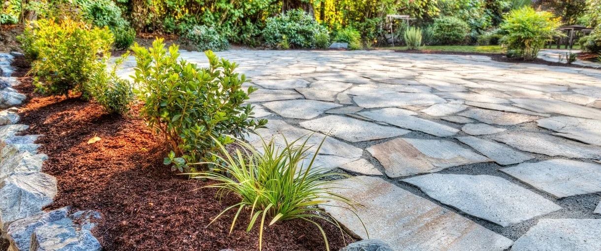 Stone patio with plants and mulch edging. Green shrubs border the patio. Sunny outdoor setting.