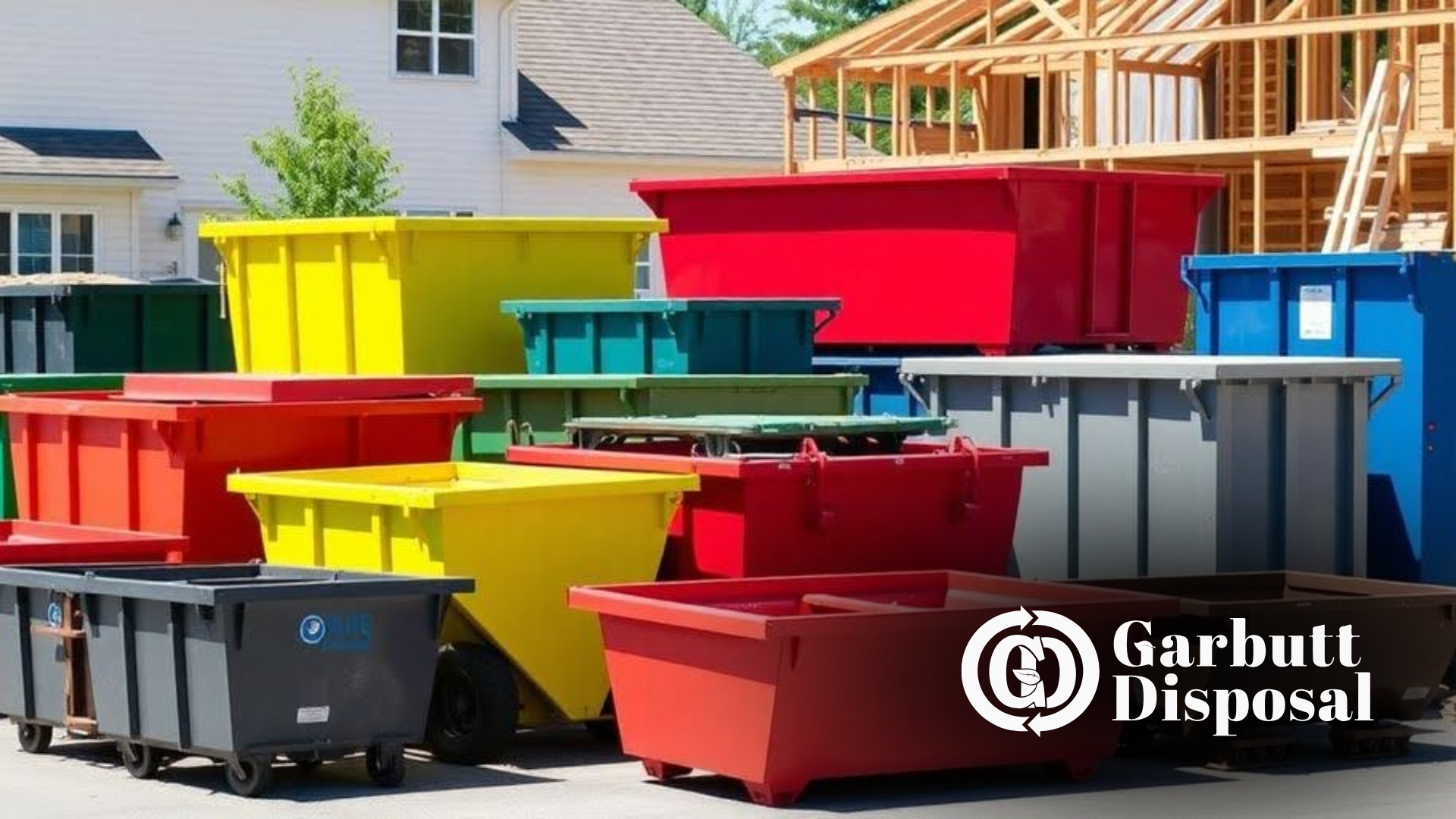 Garbage cans of different colors are stacked on top of each other