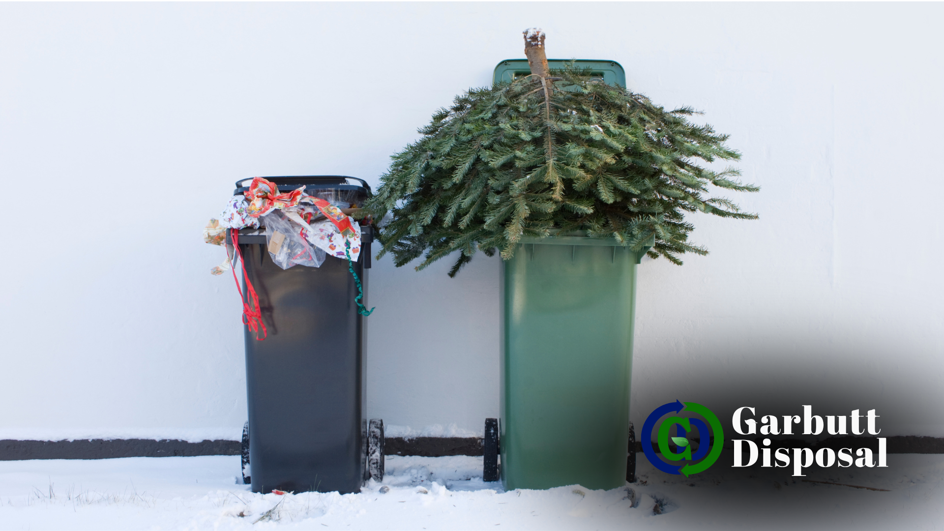 Garbage cans with a christmas tree in one of them