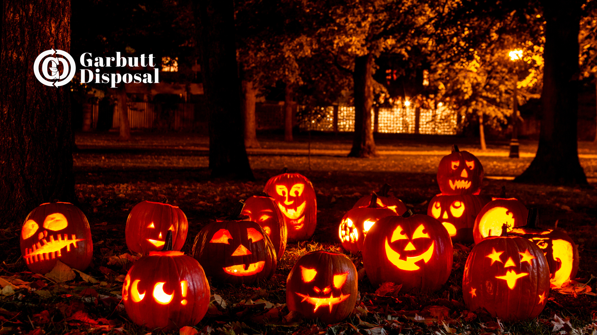 A bunch of carved pumpkins in a park with garbage disposal in the background