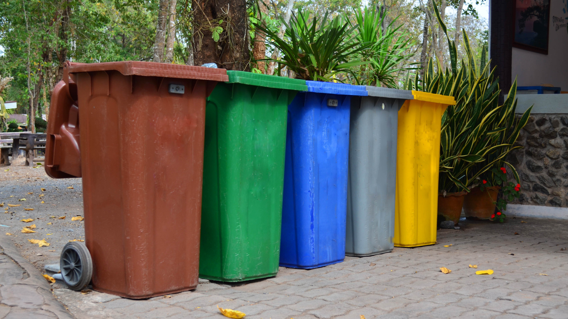 A row of trash cans of different colors are lined up on a sidewalk.