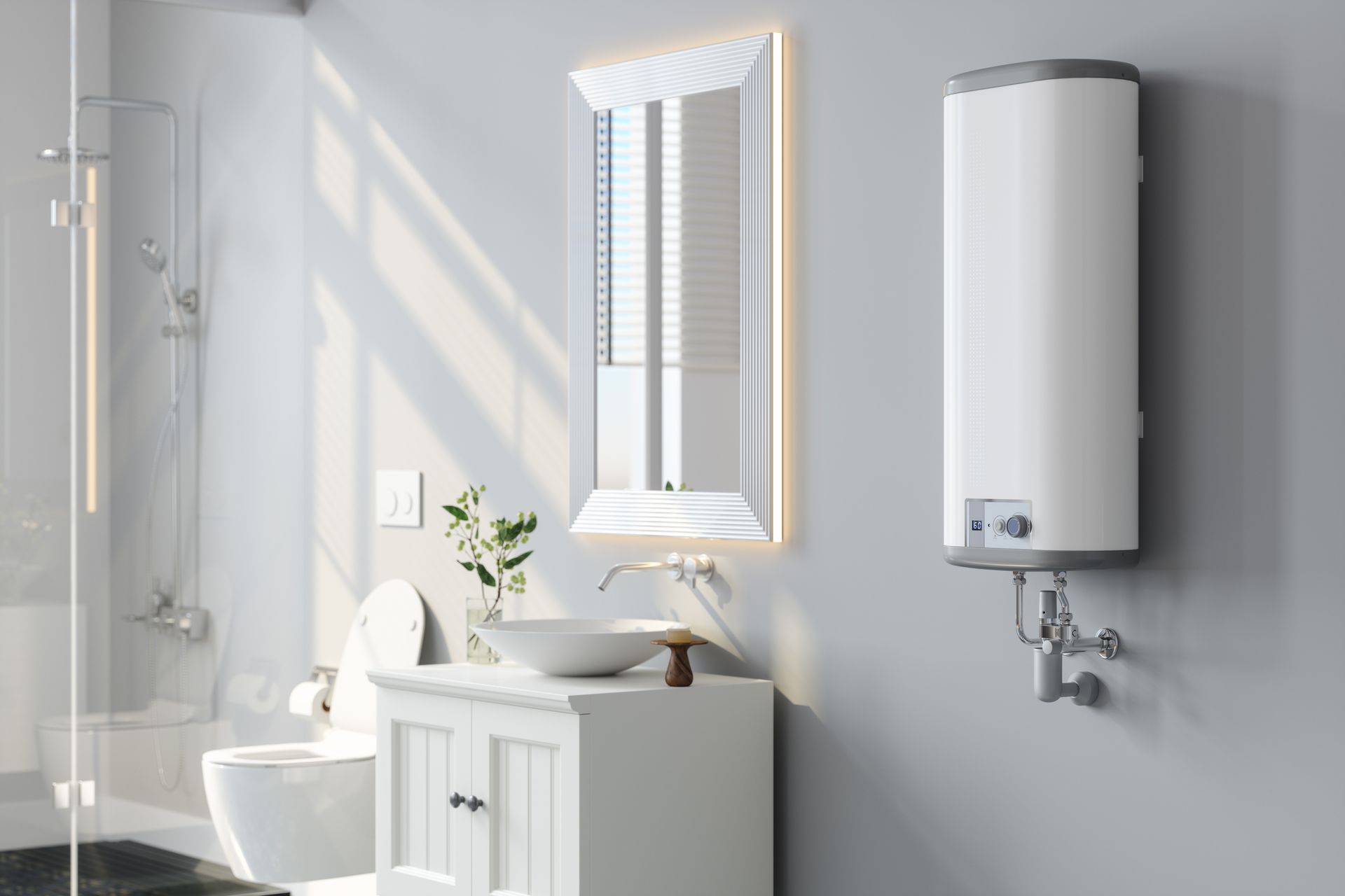 Modern bathroom interior with wall-mounted water heater and sink during water heater maintenance.