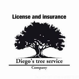 Logo for Diego's tree service: black tree silhouette with text "License and insurance" and "Diego's tree service".