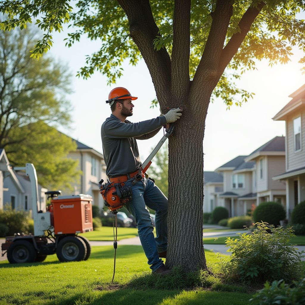 Arborist with chainsaw climbs a tree in a residential neighborhood, wearing a safety helmet and harness; a wood chipper sits nearby.