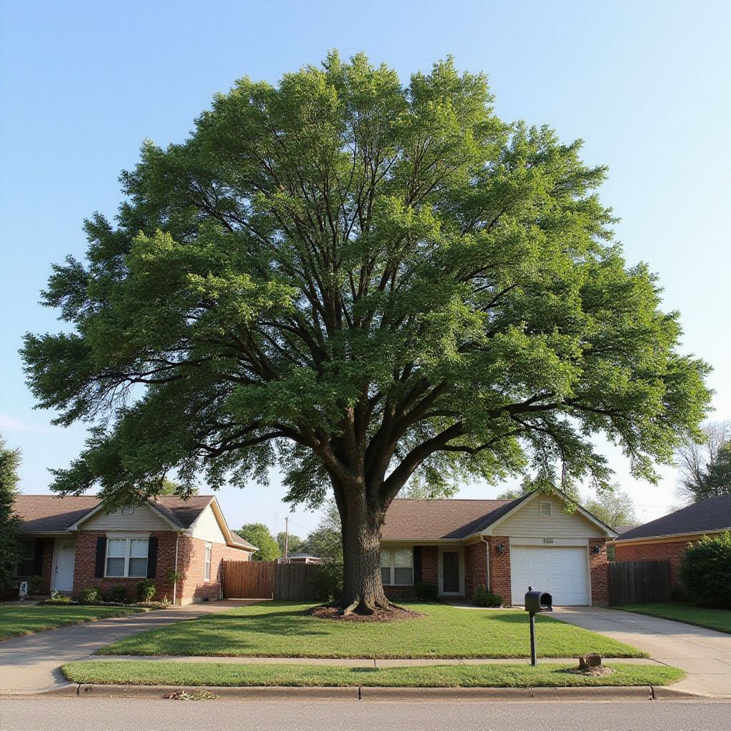Large tree towering over suburban houses on a sunny day.
