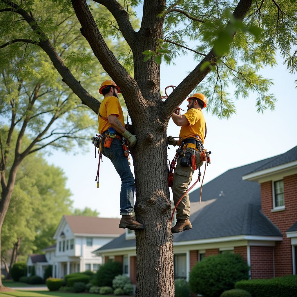 Two tree workers, wearing hard hats and safety harnesses, trim a tree in a residential yard.