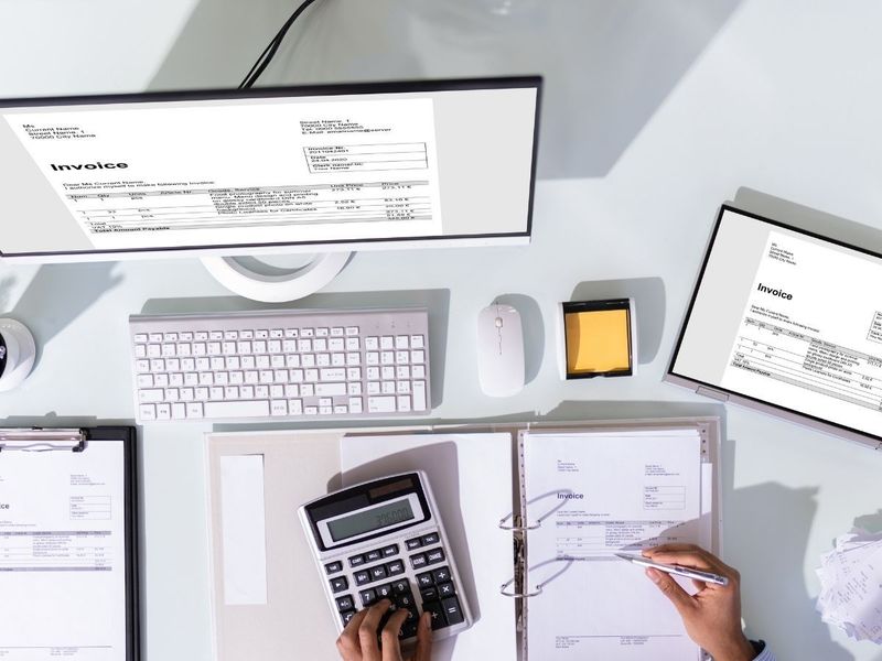 arial view of desk with invoices