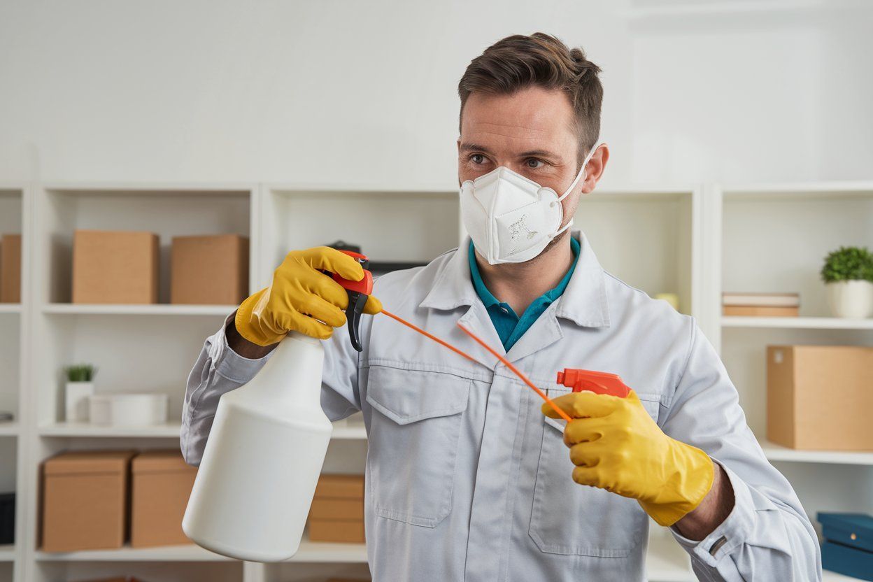 A man wearing a mask and gloves is holding a spray bottle.