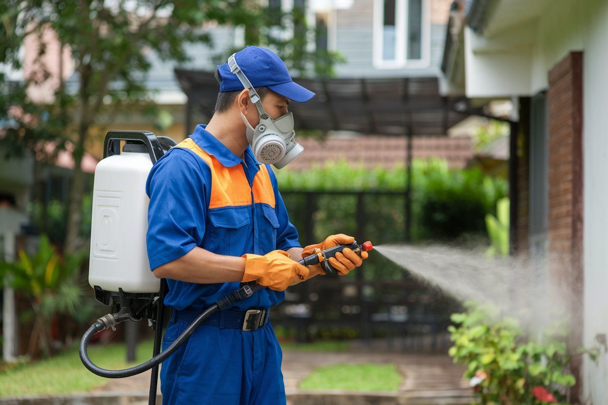 A man wearing a gas mask is spraying a house with a sprayer.