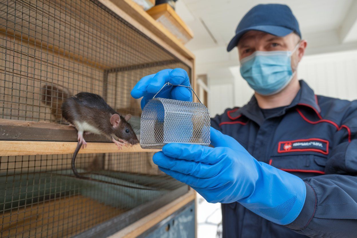 A man wearing a mask and gloves is holding a mouse in a cage.