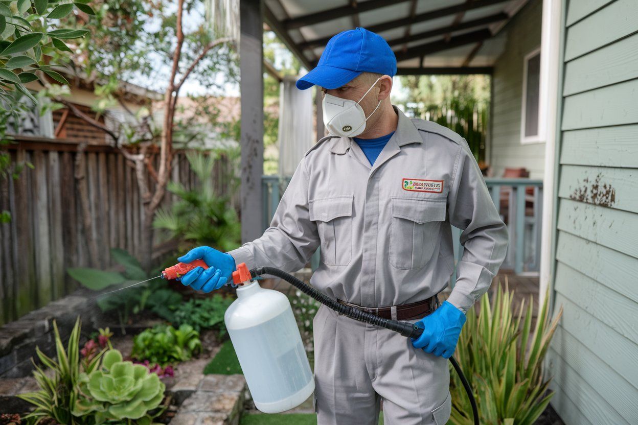 A man wearing a mask and gloves is spraying a hose in a garden.