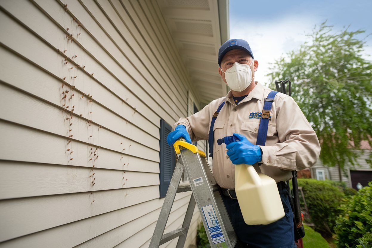 A man wearing a mask and gloves is spraying a house with a spray bottle.