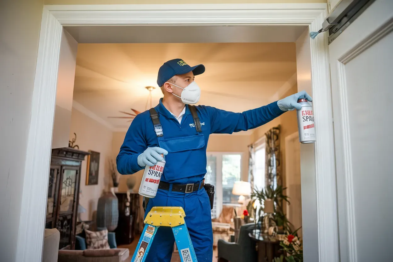 A man wearing a mask and gloves is spraying a door with a spray bottle.