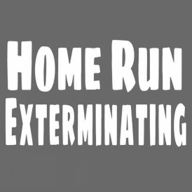 A gray background with white text that says home run exterminating